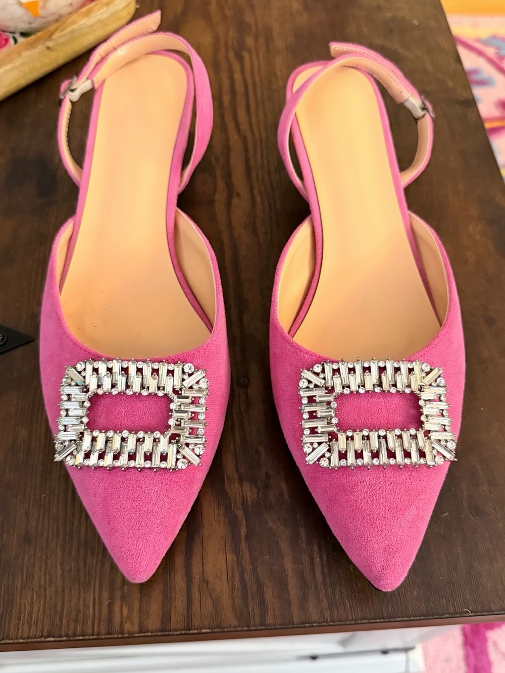 Grace Every Step Pink Suede Crystal Buckle Slingback Kitten Heels